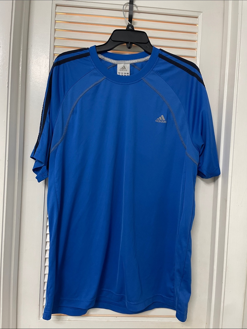 adidas Blue Short Sleeve Performance Tee with Black Stripes